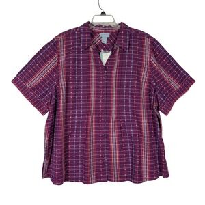 NWT Liz & Me 3X Button Up Plaid Shirt Short Sleeve Purple Red Cotton Blend